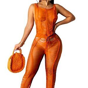 Crochet Orange Hollow Out One-Piece Bikini See Through Cover Up Jumpsuit SZ M